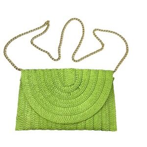 SOL and MER Straw Lurex Clutch Lime Green‎ Gold Chain Crossbody Summer Resort
